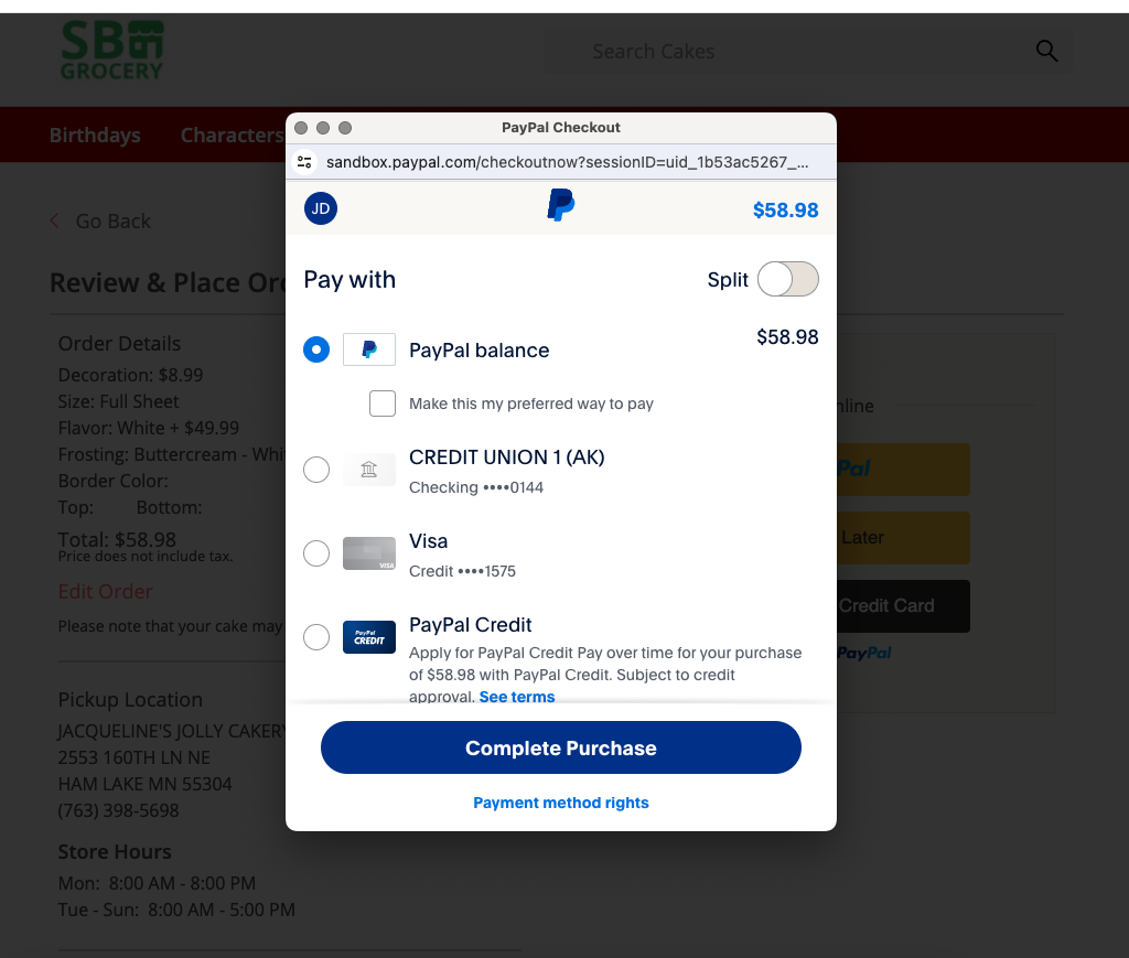 Cake Ordering Site Payment